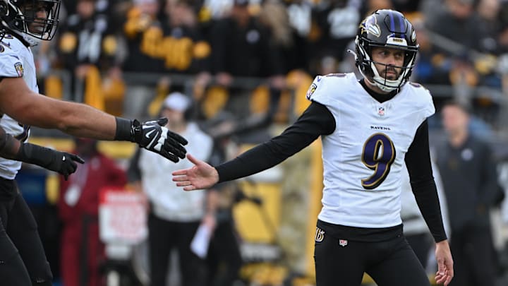 Baltimore Ravens place kicker Justin Tucker celebrates a 54-yard filed goal against the Pittsburgh Steelers.