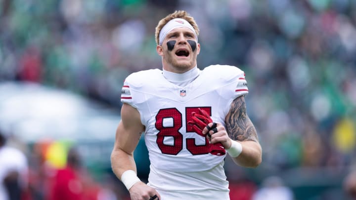 Dec 31, 2023; Philadelphia, Pennsylvania, USA; Arizona Cardinals tight end Trey McBride (85) before action against the Philadelphia Eagles at Lincoln Financial Field. Mandatory Credit: Bill Streicher-USA TODAY Sports