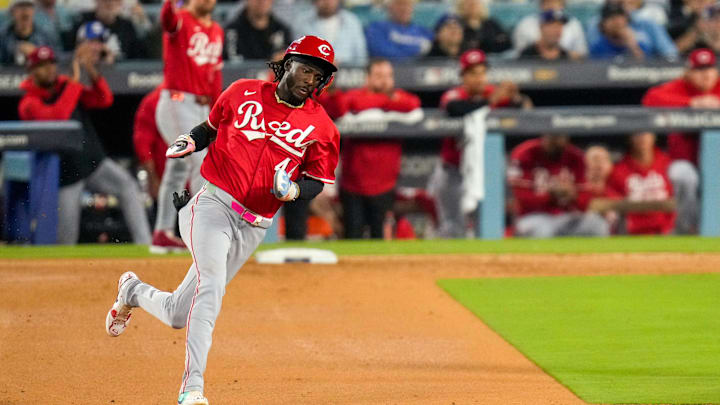 Cincinnati Reds shortstop Elly De La Cruz (44) rounds second on his way to score on a Tyler Stephenson double in the seventh inning of the MLB National League Wild Card Game 1 between the Los Angeles Dodgers and the Cincinnati Reds at Dodger Stadium in Los Angeles on Tuesday, Sept. 30, 2025. The Dodgers won game 1 of the series, 10-5. Cincinnati Reds shortstop Elly De La Cruz (44) rounds second on his way to score on a Tyler Stephenson double in the seventh inning of the MLB National League Wild Card Game 1 between the Los Angeles Dodgers and the Cincinnati Reds at Dodger Stadium in Los Angeles on Tuesday, Sept. 30, 2025. The Dodgers won game 1 of the series, 10-5.