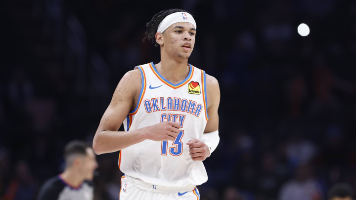 Jan 11, 2024; Oklahoma City, Oklahoma, USA; Oklahoma City Thunder forward Ousmane Dieng (13) runs down the court between plays against the Portland Trail Blazers during the second half at Paycom Center. Mandatory Credit: Alonzo Adams-USA TODAY Sports