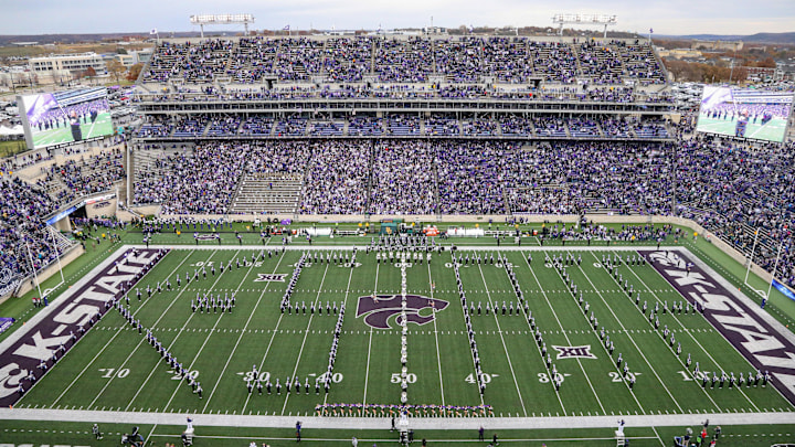 Nov 11, 2023; Manhattan, Kansas, USA; The Kansas State Wildcats Pride of Wildcat Land Matching Band spells out K-State before the start of a game against the Baylor Bears at Bill Snyder Family Football Stadium. Mandatory Credit: Scott Sewell-USA TODAY Sports