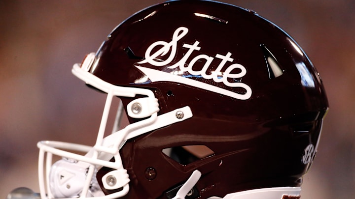 Nov 23, 2023; Starkville, Mississippi, USA; A Mississippi State Bulldogs helmet sits on the sidelines during the first half against the Mississippi Rebels at Davis Wade Stadium at Scott Field. Mandatory Credit: Petre Thomas-Imagn Images