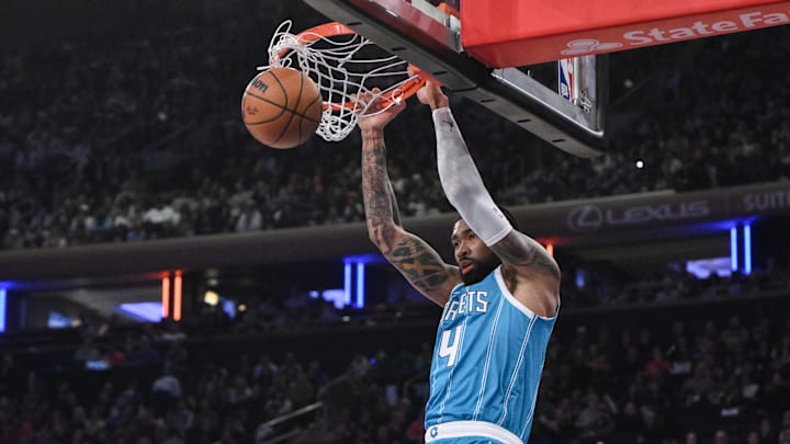 Dec 5, 2024; New York, New York, USA; Charlotte Hornets center Nick Richards (4) dunks the ball against the New York Knicks during the first half at Madison Square Garden. Mandatory Credit: John Jones-Imagn Images Dec 5, 2024; New York, New York, USA; Charlotte Hornets center Nick Richards (4) dunks the ball against the New York Knicks during the first half at Madison Square Garden. Mandatory Credit: John Jones-Imagn Images