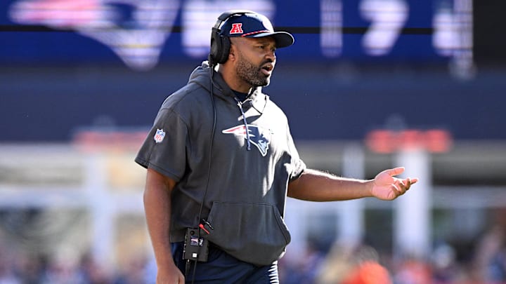 Oct 27, 2024; Foxborough, Massachusetts, USA; New England Patriots head coach Jerod Mayo calls a play against the New York Jets during the first half at Gillette Stadium.