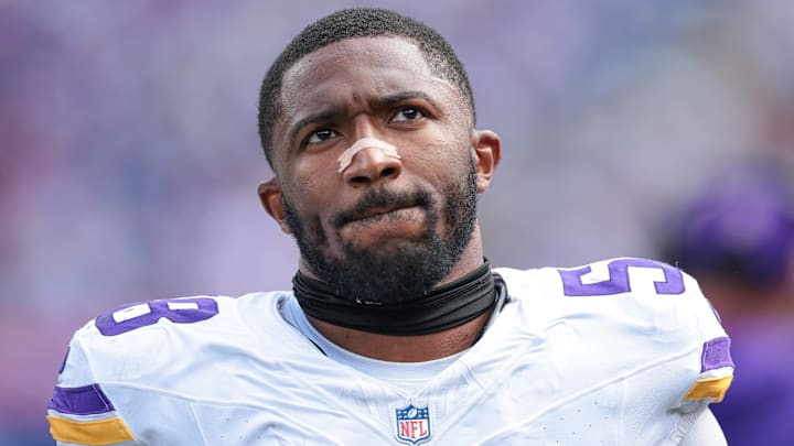 Sep 8, 2024; East Rutherford, New Jersey, USA; Minnesota Vikings linebacker Jonathan Greenard (58) looks on during the second half against the New York Giants at MetLife Stadium. Mandatory Credit: Vincent Carchietta-Imagn Images