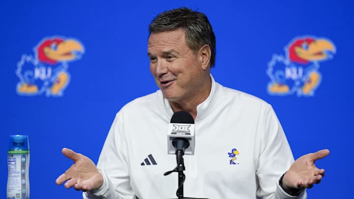 Oct 23, 2024; Kansas City, MO, USA; Kansas Jayhawks head coach Bill Self talks to media during the Big 12 Men’s Basketball Media Day at T-Mobile Center. Mandatory Credit: Jay Biggerstaff-Imagn Images