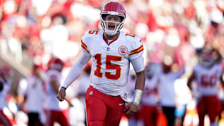 Oct 20, 2024; Santa Clara, California, USA; Kansas City Chiefs quarterback Patrick Mahomes (15) reacts after the Chiefs scored a touchdown against the San Francisco 49ers in the fourth quarter at Levi's Stadium. Mandatory Credit: Cary Edmondson-Imagn Images Oct 20, 2024; Santa Clara, California, USA; Kansas City Chiefs quarterback Patrick Mahomes (15) reacts after the Chiefs scored a touchdown against the San Francisco 49ers in the fourth quarter at Levi's Stadium. Mandatory Credit: Cary Edmondson-Imagn Images