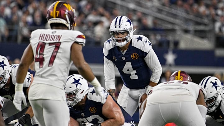Nov 23, 2023; Arlington, Texas, USA; Dallas Cowboys quarterback Dak Prescott (4) in action during