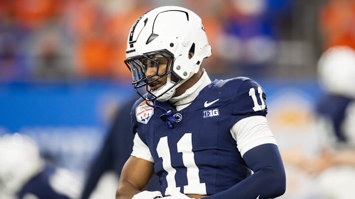 Dec 31, 2024; Glendale, AZ, USA; Penn State Nittany Lions defensive end Abdul Carter (11) against the Boise State Broncos in the Fiesta Bowl at State Farm Stadium. Mandatory Credit: Mark J. Rebilas-Imagn Images