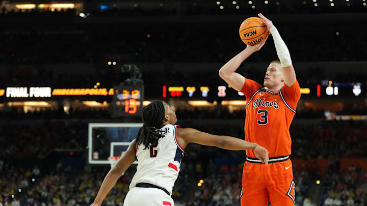 Apr 4, 2026; Indianapolis, IN, USA; Illinois Fighting Illini forward Ben Humrichous (3) shoots over Connecticut Huskies guard Silas Demary Jr. (2) in the second half during a semifinal of the Final Four of the men's 2026 NCAA Tournament at Lucas Oil Stadium. Mandatory Credit: Robert Deutsch-Imagn Images