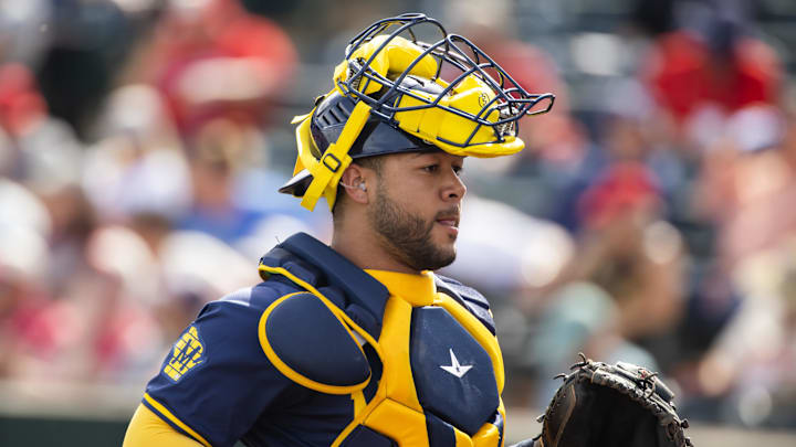 Feb 27, 2024; Tempe, Arizona, USA; Milwaukee Brewers catcher Jeferson Quero against the Los Angeles Angels during a spring training game at Tempe Diablo Stadium. Mandatory Credit: Mark J. Rebilas-USA TODAY Sports Feb 27, 2024; Tempe, Arizona, USA; Milwaukee Brewers catcher Jeferson Quero against the Los Angeles Angels during a spring training game at Tempe Diablo Stadium. Mandatory Credit: Mark J. Rebilas-USA TODAY Sports