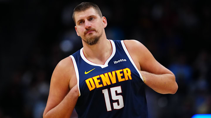 Nov 8, 2025; Denver, Colorado, USA; Denver Nuggets center Nikola Jokic (15) during the second half against the Indiana Pacers at Ball Arena. Mandatory Credit: Ron Chenoy-Imagn Images