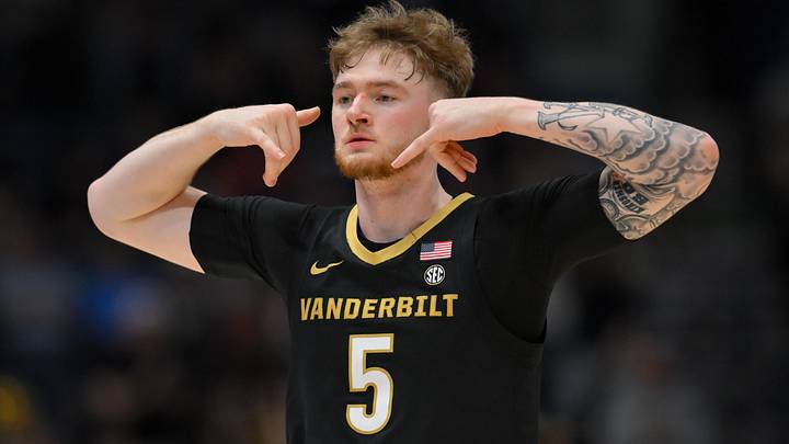 Mar 15, 2026; Nashville, TN, USA; Vanderbilt Commodores forward Tyler Nickel (5) reacts after a made three point basket against the Arkansas Razorbacks during the first half during the men's SEC Conference Tournament Championship at Bridgestone Arena. Mandatory Credit: Steve Roberts-Imagn Images