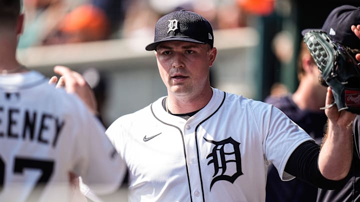 Detroit Tigers pitcher Tarik Skubal (29) high-fives teammate in the dugout after pitching sixth inning against Cleveland Guardians at Comerica Park in Detroit on Thursday, Sept. 18, 2025.