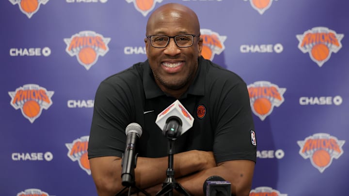 Sep 23, 2025; New York, NY, USA; New York Knicks head coach Mike Brown speaks to the media during a media day press conference at the Madison Square Garden training center. Mandatory Credit: Brad Penner-Imagn Images
