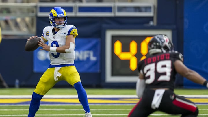 Sep 7, 2025; Inglewood, California, USA; Los Angeles Rams quarterback Matthew Stafford (9) attempts a pass during the third quarter at SoFi Stadium. Mandatory Credit: Kirby Lee-Imagn Images Sep 7, 2025; Inglewood, California, USA; Los Angeles Rams quarterback Matthew Stafford (9) attempts a pass during the third quarter at SoFi Stadium. Mandatory Credit: Kirby Lee-Imagn Images