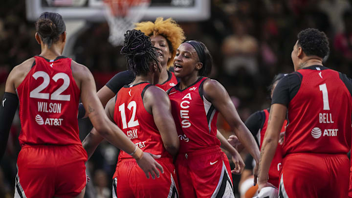 Aug 27, 2025; College Park, Georgia, USA; Las Vegas Aces players react during the game against the Atlanta Dream during the second half at Gateway Center Arena at College Park. Mandatory Credit: Dale Zanine-Imagn Images