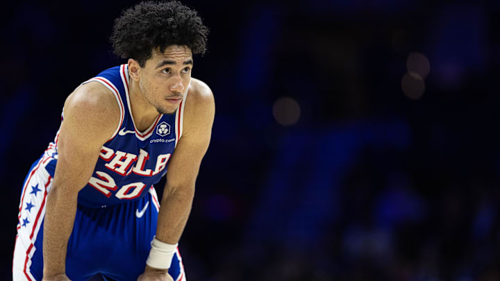 Dec 4, 2024; Philadelphia, Pennsylvania, USA; Philadelphia 76ers guard Jared McCain (20) looks on against the Orlando Magic during the fourth quarter at Wells Fargo Center. Mandatory Credit: Bill Streicher-Imagn Images