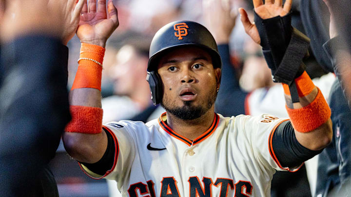Apr 6, 2026; San Francisco, California, USA; San Francisco Giants infielder Luis Arraez (1) celebrates in the dugout after scoring during the third inning against the Philadelphia Phillies at Oracle Park. Mandatory Credit: Bob Kupbens-Imagn Images Apr 6, 2026; San Francisco, California, USA; San Francisco Giants infielder Luis Arraez (1) celebrates in the dugout after scoring during the third inning against the Philadelphia Phillies at Oracle Park. Mandatory Credit: Bob Kupbens-Imagn Images