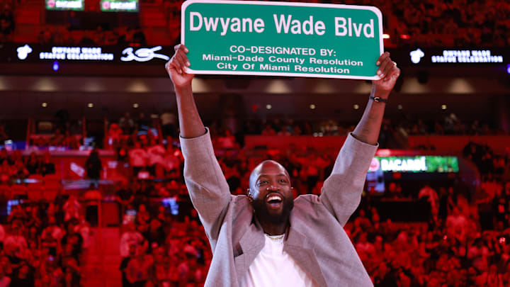 Oct 28, 2024; Miami, Florida, USA; Former Miami Heat guard Dwyane Wade is honored with 'Dwayne Wade Blvd' during halftime against the Detroit Pistons at Kaseya Center. Mandatory Credit: Rhona Wise-Imagn Images Oct 28, 2024; Miami, Florida, USA; Former Miami Heat guard Dwyane Wade is honored with 'Dwayne Wade Blvd' during halftime against the Detroit Pistons at Kaseya Center. Mandatory Credit: Rhona Wise-Imagn Images