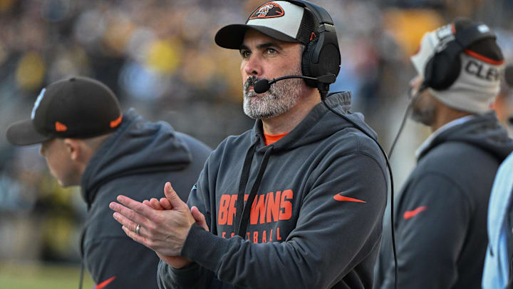 Cleveland Browns head coach Kevin Stefanski reacts against the Pittsburgh Steelers during the fourth quarter at Acrisure Stadium.