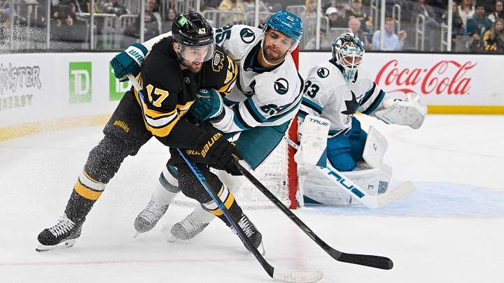 Oct 24, 2026; Boston, Massachusetts, USA; Boston Bruins center Mark Kastelic (47) battles San Jose Sharks defenseman Jacob Trouba (65) for the puck during the first period at TD Garden. Mandatory Credit: Eric Canha-Imagn Images Oct 24, 2026; Boston, Massachusetts, USA; Boston Bruins center Mark Kastelic (47) battles San Jose Sharks defenseman Jacob Trouba (65) for the puck during the first period at TD Garden. Mandatory Credit: Eric Canha-Imagn Images