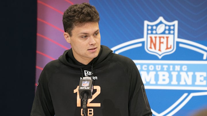 Indiana quarterback Kurtis Rourke (QB12) talks to the press during the 2025 NFL Combine at Indiana Convention Center. Indiana quarterback Kurtis Rourke (QB12) talks to the press during the 2025 NFL Combine at Indiana Convention Center.