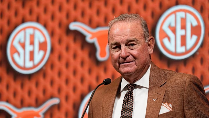 Texas head coach Vic Schaefer speaks during SEC Media Day at the Grand Bohemian Hotel in Mountain Brook Tuesday, Oct. 16, 2024. Texas head coach Vic Schaefer speaks during SEC Media Day at the Grand Bohemian Hotel in Mountain Brook Tuesday, Oct. 16, 2024.