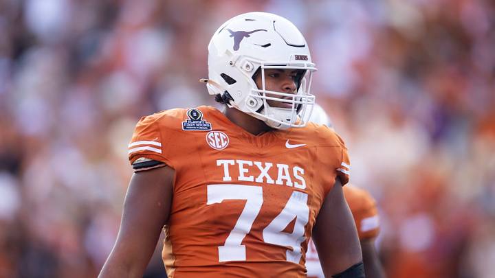Dec 21, 2024; Austin, Texas, USA; Texas Longhorns offensive lineman Trevor Goosby (74) against the Clemson Tigers during the CFP National playoff first round at Darrell K Royal-Texas Memorial Stadium. Mandatory Credit: Mark J. Rebilas-Imagn Images Dec 21, 2024; Austin, Texas, USA; Texas Longhorns offensive lineman Trevor Goosby (74) against the Clemson Tigers during the CFP National playoff first round at Darrell K Royal-Texas Memorial Stadium. Mandatory Credit: Mark J. Rebilas-Imagn Images