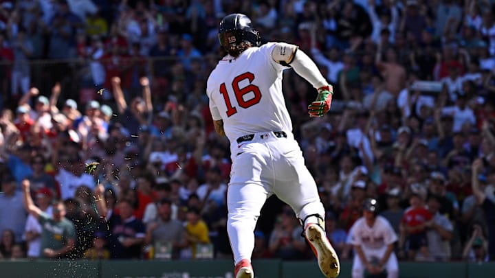 Aug 31, 2025; Boston, Massachusetts, USA; Boston Red Sox left fielder Jarren Duran (16) runs for home plate after hitting a two run inside the park home run against the Pittsburgh Pirates during the fifth inning at Fenway Park. Mandatory Credit: Eric Canha-Imagn Images