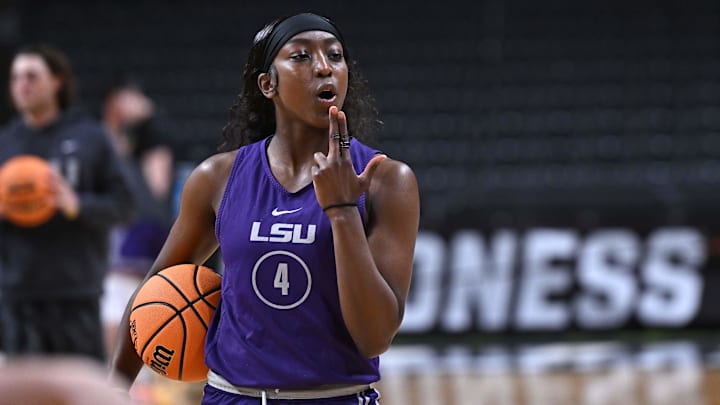 Mar 27, 2025; Spokane, WA, USA; LSU Lady Tigers guard Flau'Jae Johnson (4) looks on during an NCAA Tournament practice session at Spokane Arena. Mandatory Credit: James Snook-Imagn Images