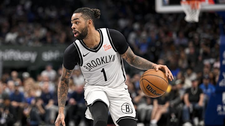 Mar 31, 2025; Dallas, Texas, USA; Brooklyn Nets guard D'Angelo Russell (1) in action during the game between the Dallas Mavericks and the Brooklyn Nets at the American Airlines Center. Mandatory Credit: Jerome Miron-Imagn Images