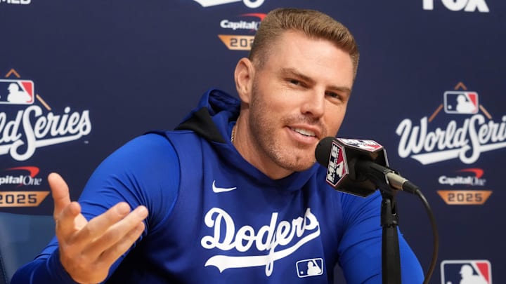 Oct 29, 2025; Los Angeles, California, USA; Los Angeles Dodgers first baseman Freddie Freeman (5) speaks in a press conference before game five of the 2025 MLB World Series against the Toronto Blue Jays at Dodger Stadium. Mandatory Credit: Kirby Lee-Imagn Images