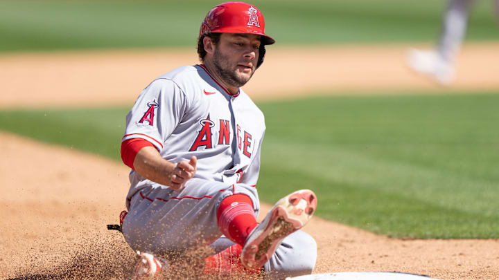 Apr 2, 2023; Oakland, California, USA;  Los Angeles Angels shortstop David Fletcher (22) slides