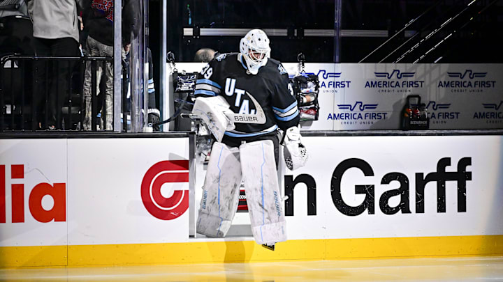 Jan 11, 2025; Salt Lake City, Utah, USA; Utah Hockey Club goalie Connor Ingram (39) skates onto the ice during third period against the New York Islanders at the Delta Center. Mandatory Credit: Christopher Creveling-Imagn Images