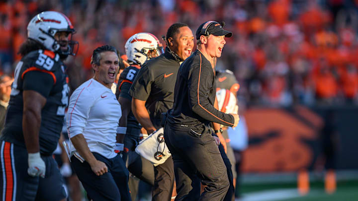 Sep 21, 2024; Corvallis, Oregon, USA; Oregon State Beavers head coach Trent Bray reacts to a defensive stop on fourth down during the first half against the Purdue Boilermakers at Reser Stadium. Mandatory Credit: Craig Strobeck-Imagn Images Sep 21, 2024; Corvallis, Oregon, USA; Oregon State Beavers head coach Trent Bray reacts to a defensive stop on fourth down during the first half against the Purdue Boilermakers at Reser Stadium. Mandatory Credit: Craig Strobeck-Imagn Images