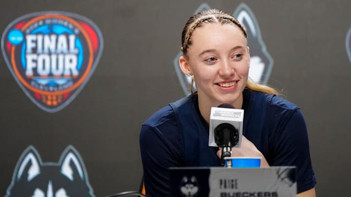 Apr 4, 2024; Cleveland, OH, USA; UConn Huskies guard Paige Bueckers during press conference at Rocket Mortgage FieldHouse. Mandatory Credit: Kirby Lee-Imagn Images
