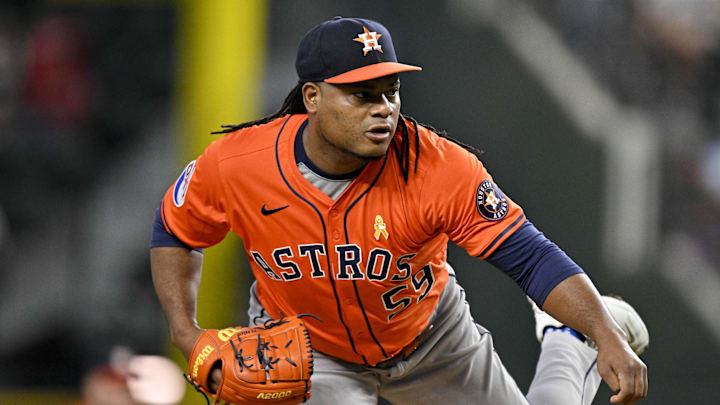Sep 7, 2025; Arlington, Texas, USA; Houston Astros starting pitcher Framber Valdez (59) pitches against the Texas Rangers during the first inning at Globe Life Field. Mandatory Credit: Jerome Miron-Imagn Images