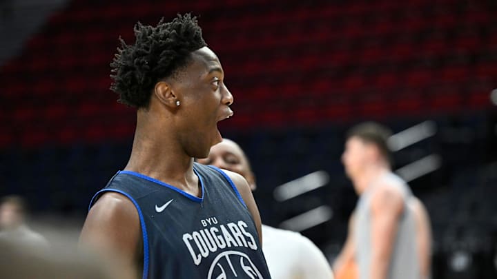 Mar 18, 2026; Portland, OR, USA; BYU Cougars forward AJ Dybantsa (3) reacts during a practice session ahead of the first round of the men's 2026 NCAA Tournament at Moda Center. Mandatory Credit: Craig Strobeck-Imagn Images
