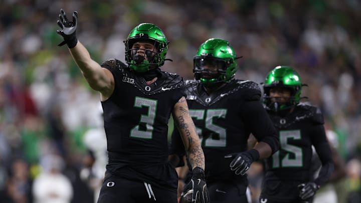 Dec 7, 2024; Indianapolis, IN, USA; Oregon Ducks tight end Terrance Ferguson (3) celebrates after a run for a gain against the Penn State Nittany Lions during the fourth quarter in the 2024 Big Ten Championship game at Lucas Oil Stadium.