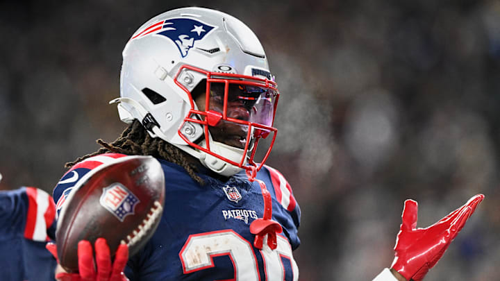 New England Patriots running back Rhamondre Stevenson (38) acknowledges the crowd after scoring a touchdown against the Miami Dolphins during the fourth quarter at Gillette Stadium. New England Patriots running back Rhamondre Stevenson (38) acknowledges the crowd after scoring a touchdown against the Miami Dolphins during the fourth quarter at Gillette Stadium.