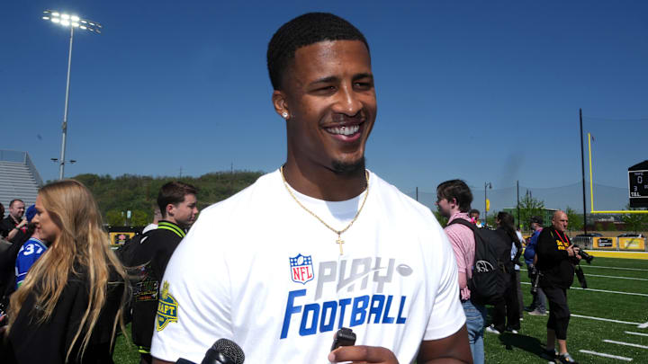 Apr 22, 2026; Pittsburgh, PA, USA; Ohio State Buckeyes linebacker Sonny Styles speaks to media during the NFL Draft prospects clinic at Hazelwood Green Park. Mandatory Credit: Kirby Lee-Imagn Images