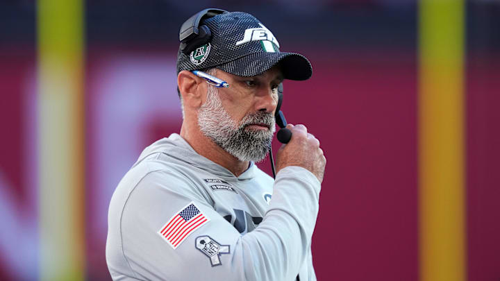 Nov 10, 2024; Glendale, Arizona, USA; New York Jets head coach Jeff Ulbrich looks on against the Arizona Cardinals during the first half at State Farm Stadium.