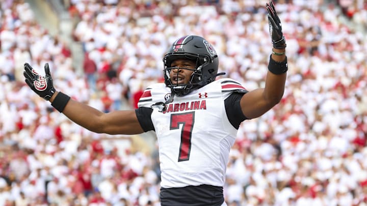 Oct 19, 2024; Norman, Oklahoma, USA;  South Carolina Gamecocks defensive back Nick Emmanwori (7) reacts after returning an interception for a touchdown during the first half against the Oklahoma Sooners at Gaylord Family-Oklahoma Memorial Stadium. Mandatory Credit: Kevin Jairaj-Imagn Images