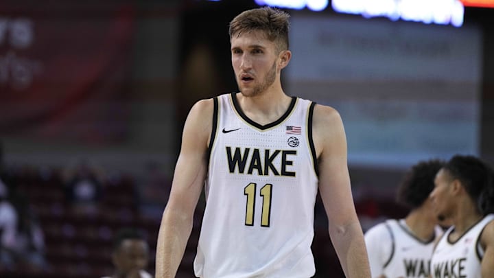 Nov 19, 2023; Charleston, SC, USA; Wake Forest Demon Deacons forward Andrew Carr (11) on the court in the second half against the LSU Tigers at TD Arena. Mandatory Credit: David Yeazell-Imagn Images