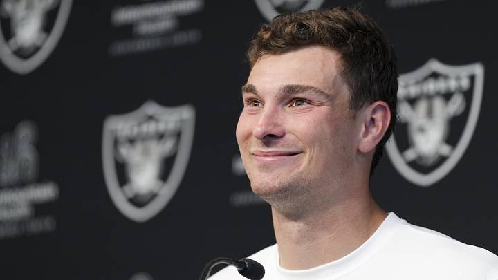 Las Vegas Raiders quarterback Fernando Mendoza speaks during a news conference at the team’s Rookie Minicamp.