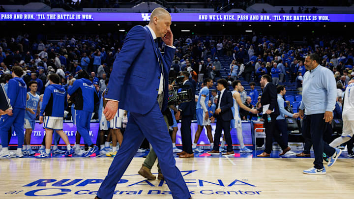 Dec 2, 2025; Lexington, Kentucky, USA; Kentucky Wildcats head coach Mark Pope walks off the court after the game against the North Carolina Tar Heels at Rupp Arena at Central Bank Center. Mandatory Credit: Jordan Prather-Imagn Images Dec 2, 2025; Lexington, Kentucky, USA; Kentucky Wildcats head coach Mark Pope walks off the court after the game against the North Carolina Tar Heels at Rupp Arena at Central Bank Center. Mandatory Credit: Jordan Prather-Imagn Images