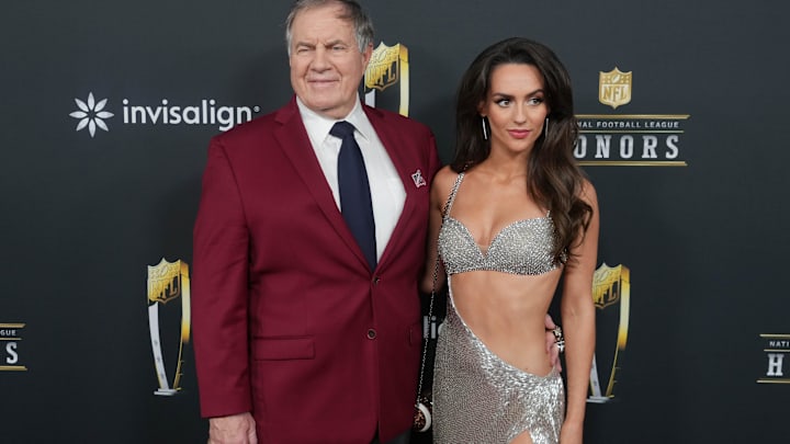 Bill Belichick and Jordon Hudson on the red carpet before Super Bowl LIX NFL Honors,