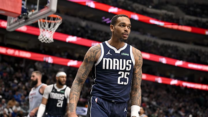 Jan 27, 2025; Dallas, Texas, USA; Dallas Mavericks forward P.J. Washington (25) reacts to a foul call against the Washington Wizards during the second half at the American Airlines Center. Mandatory Credit: Jerome Miron-Imagn Images