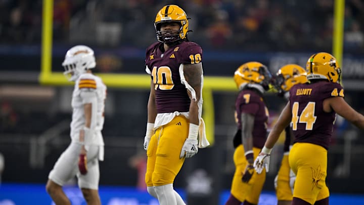 Dec 7, 2024; Arlington, TX, USA; Arizona State Sun Devils defensive lineman Clayton Smith (10) celebrates during the game between the Iowa State Cyclones and the Arizona State Sun Devils at AT&T Stadium. Mandatory Credit: Jerome Miron-Imagn Images Dec 7, 2024; Arlington, TX, USA; Arizona State Sun Devils defensive lineman Clayton Smith (10) celebrates during the game between the Iowa State Cyclones and the Arizona State Sun Devils at AT&T Stadium. Mandatory Credit: Jerome Miron-Imagn Images